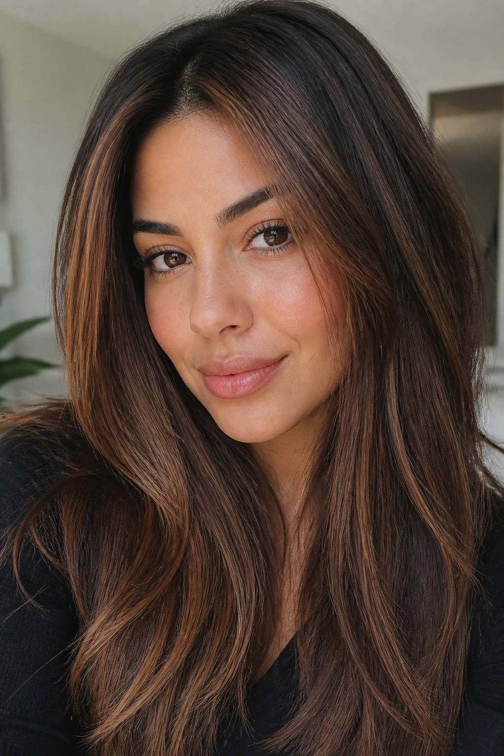 Portrait of a person with cool smoke brown and copper-kissed highlights.