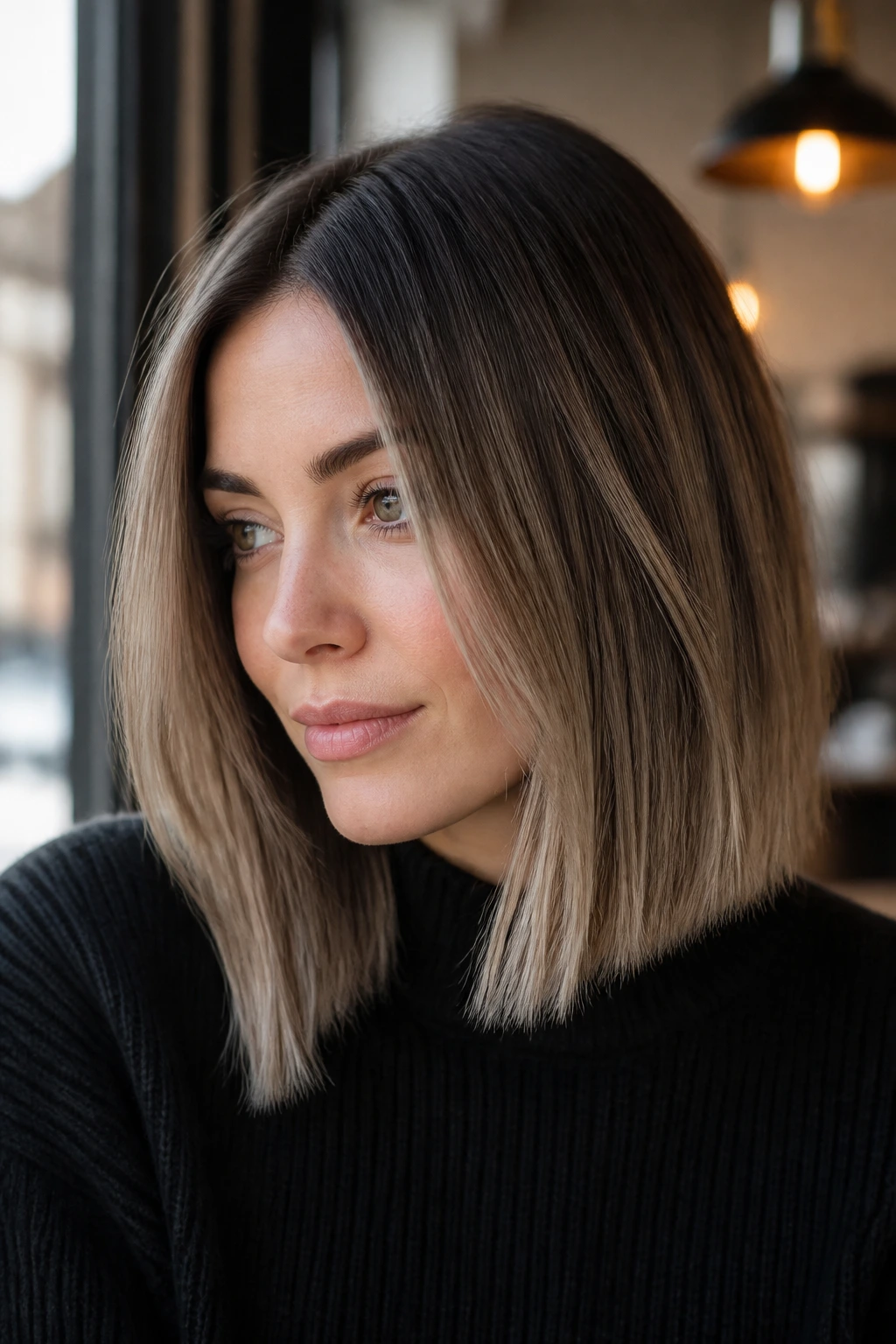 Portrait of a woman with cool taupe balayage on blunt mid-length cut
