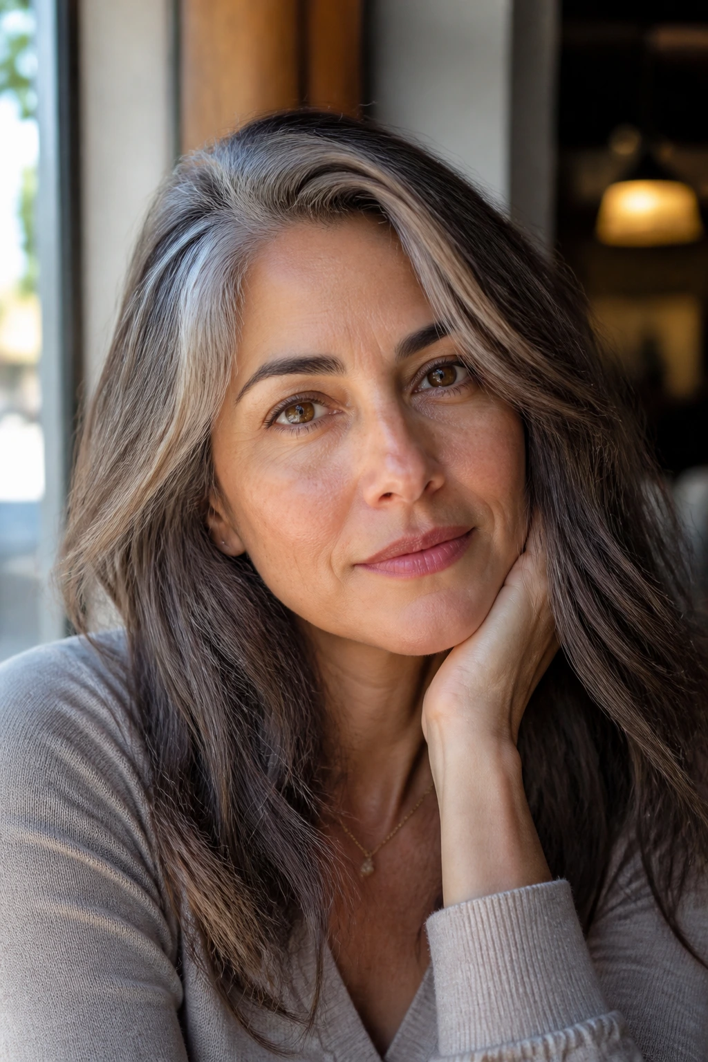 Close-up portrait of a real woman with cool taupe blend hair