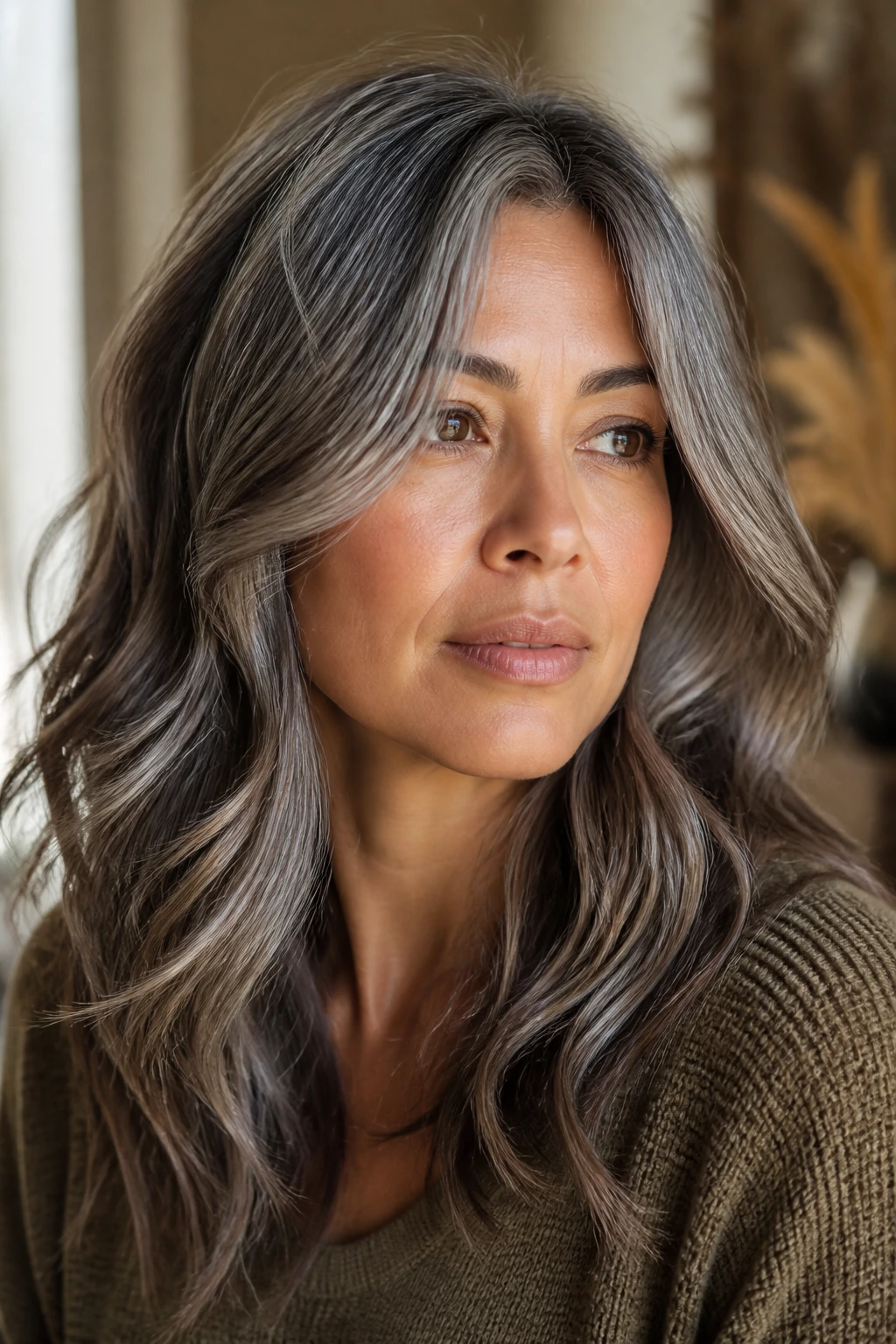 Close-up portrait of a real woman with cool taupe gray hair in soft waves.