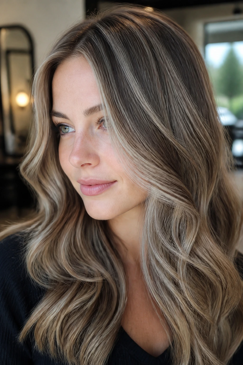 Close-up portrait with cool taupe and slate lowlights in hair