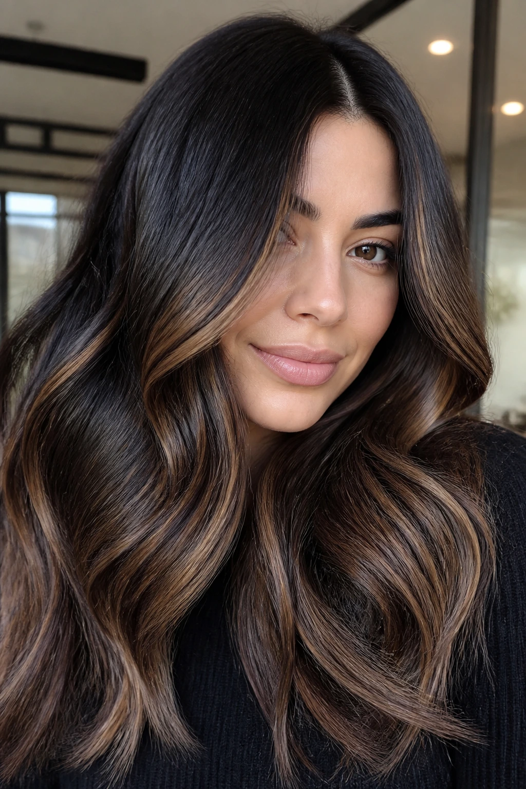 Close-up of a woman with cool-toffee balayage on black hair in soft daylight