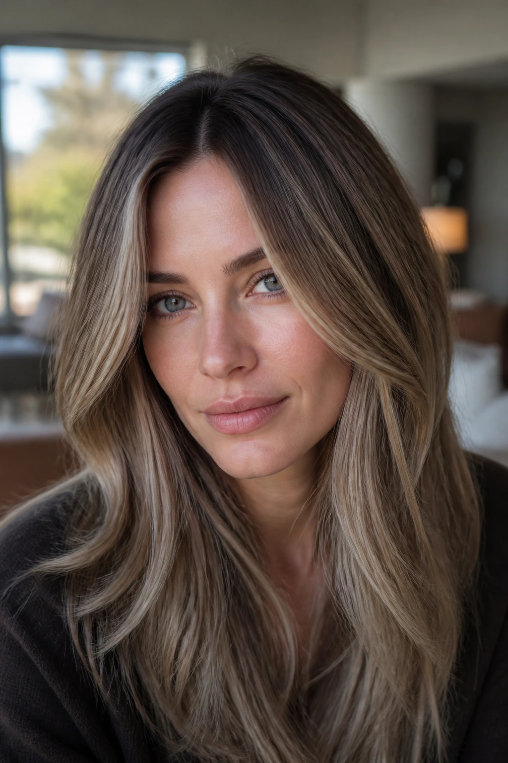 Close-up portrait of a real woman with ash-blonde and taupe-brown highlights in cool-tone hair.