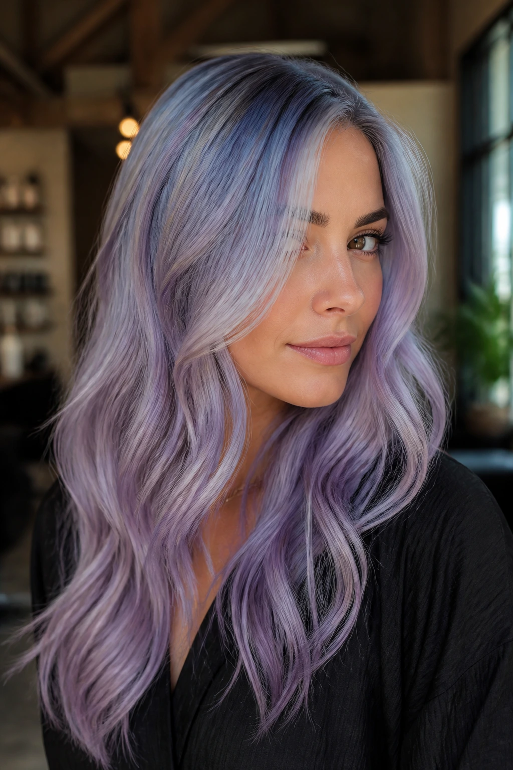 Close-up of a real person with blue-violet cool-tone hair in a salon.