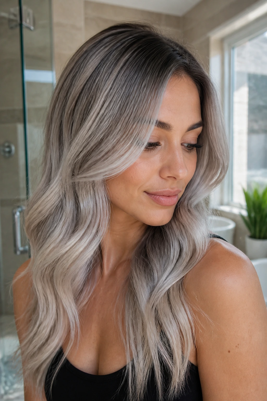 Close-up of a real woman with cool-toned silver-blonde hair in a bathroom