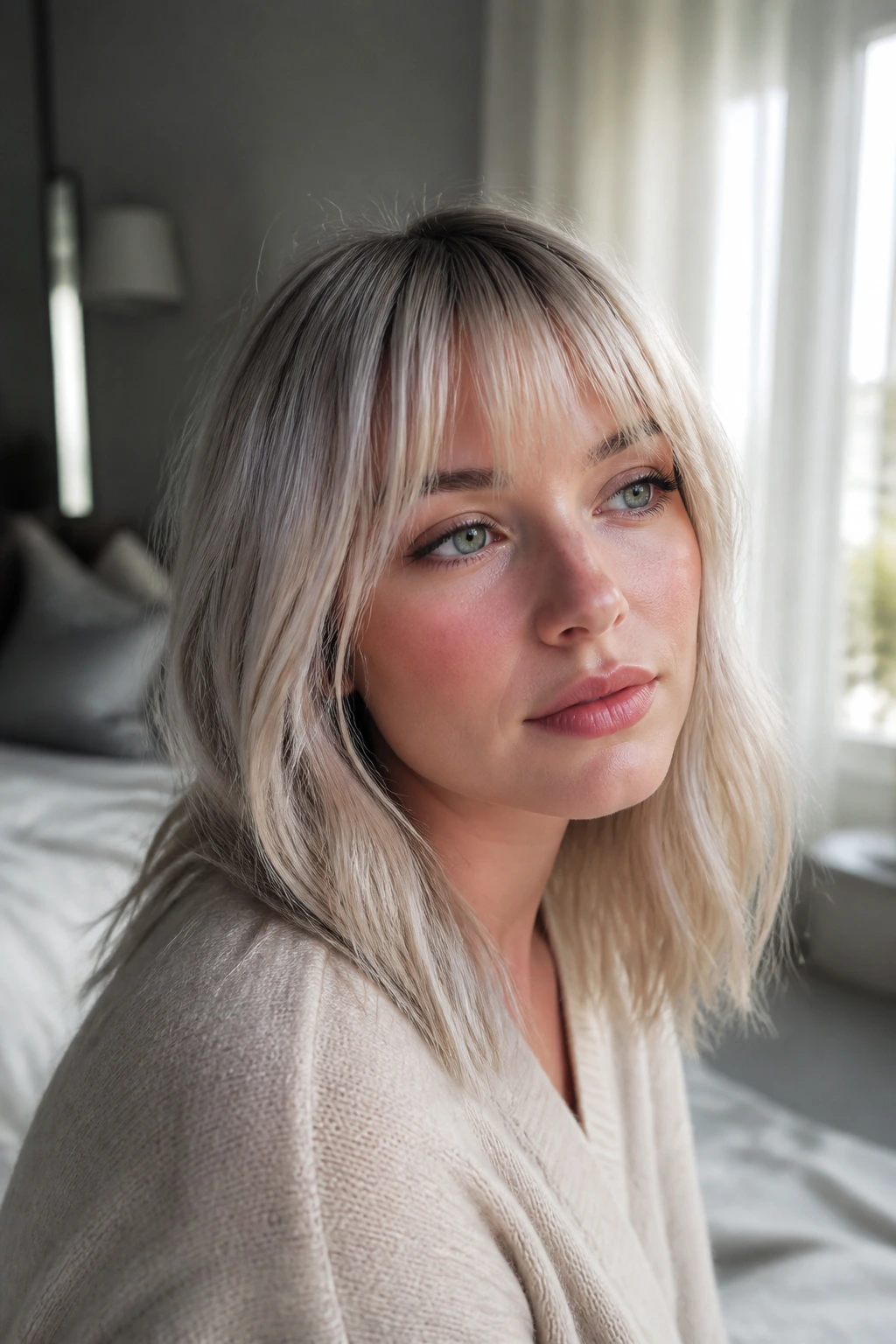 Close-up portrait of a woman with ash-blonde hair and bangs in a softly lit bedroom