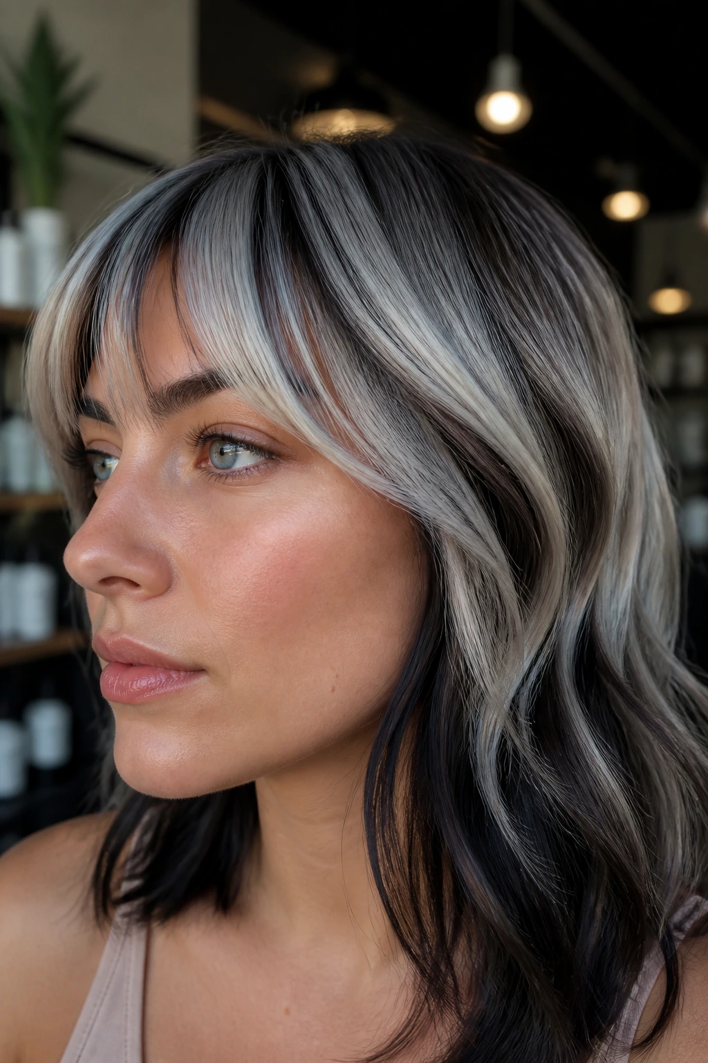 Close-up of cool-toned hair highlights framing the face on a real person.