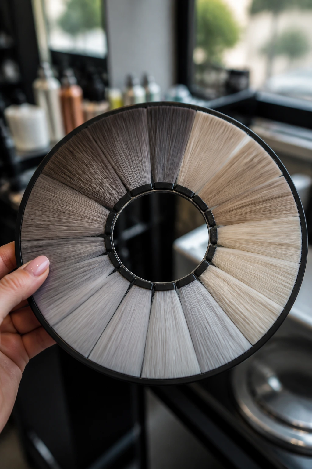 Close-up of cool-tone hair color swatches in ash, pearl, silver, beige tones for a salon collection