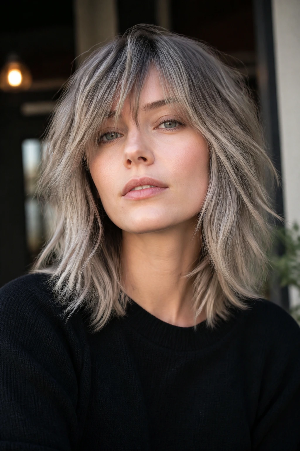 Portrait of a person with cool-toned shag and choppy balayage.