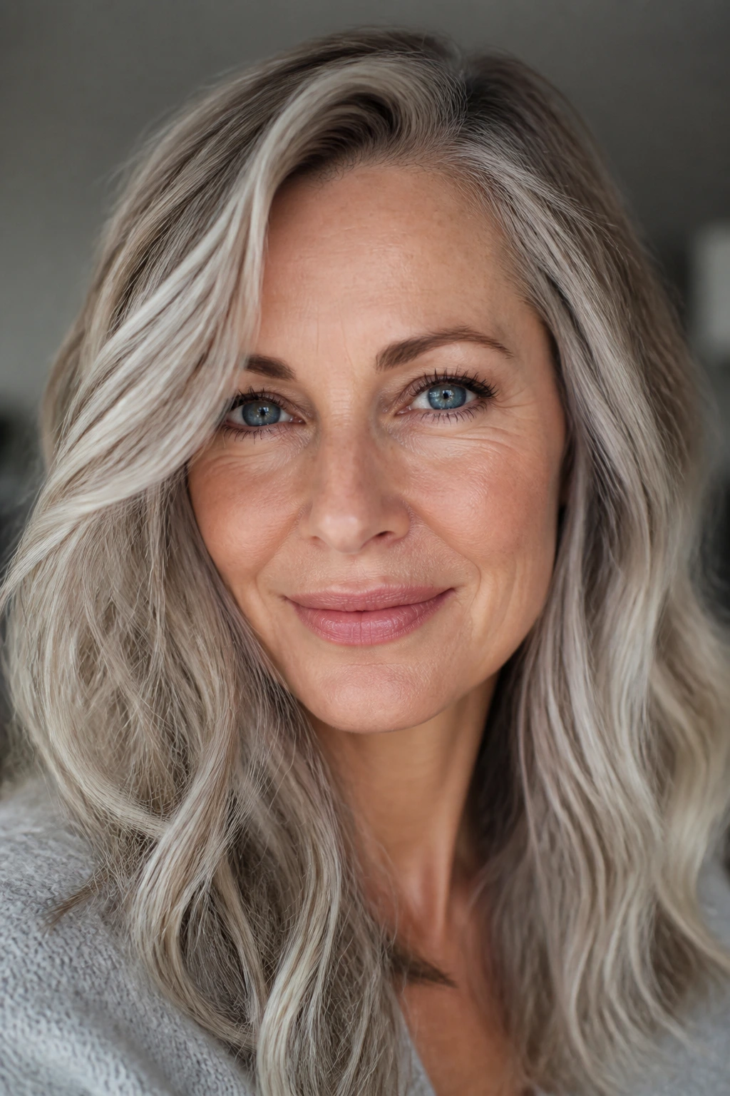 Portrait of a real person with ash-blonde and gray hair under soft light