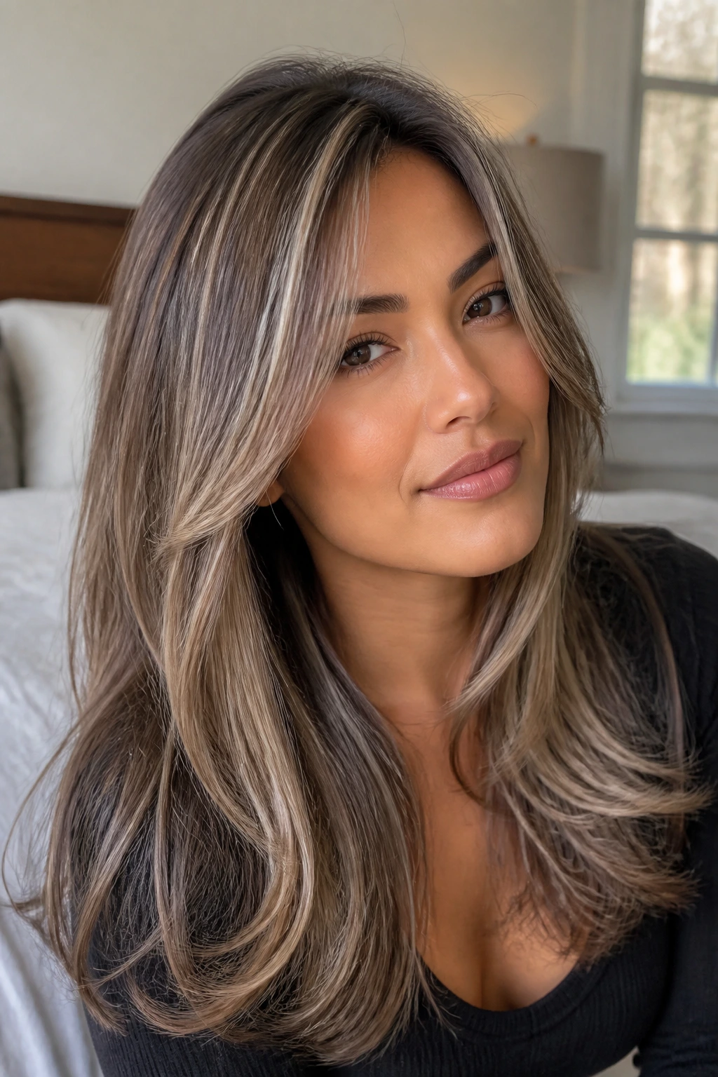 Close-up portrait of a person with cool-toned hair and soft layers on medium skin