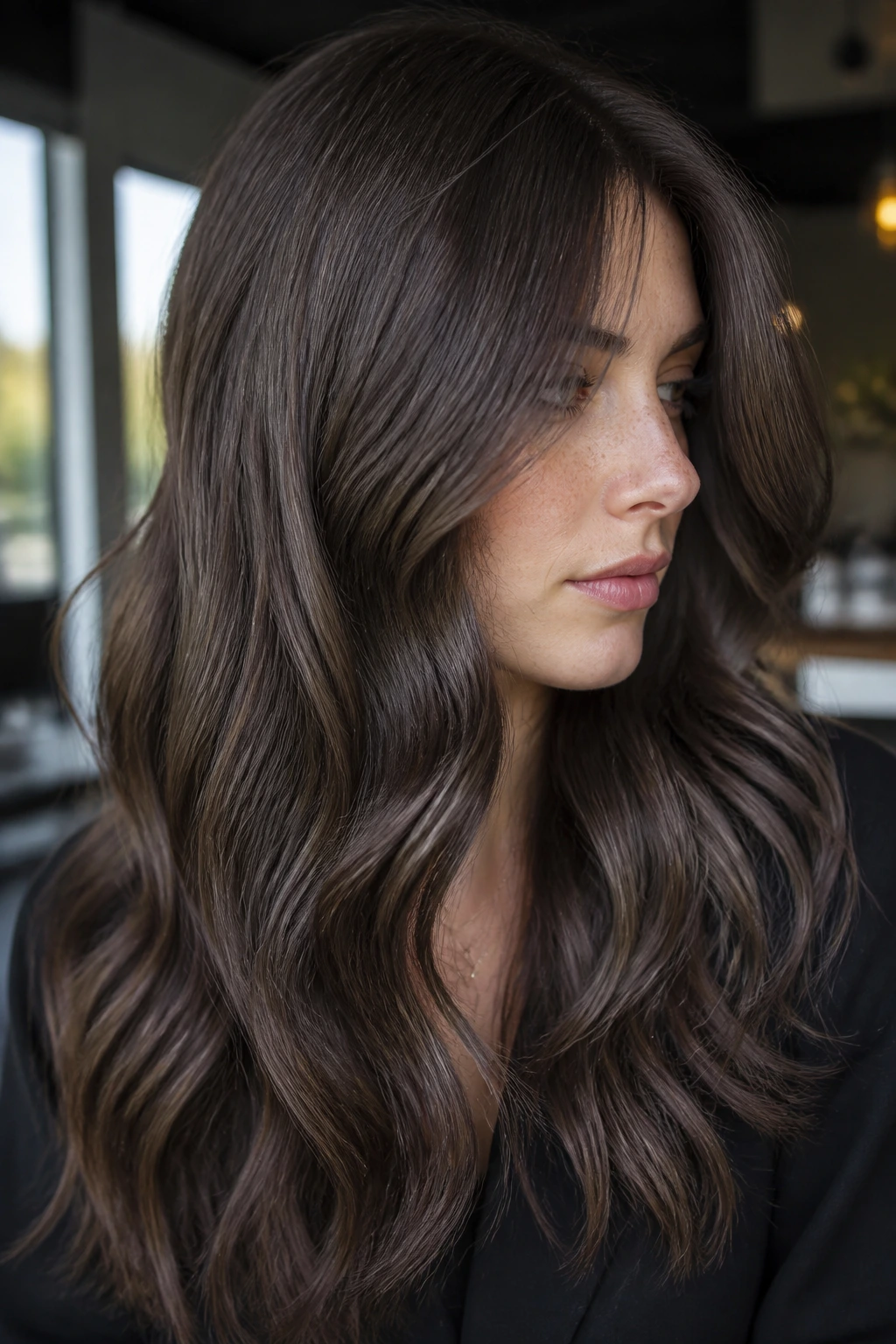 Real woman with cool truffle brown hair and neutral-cool undertones