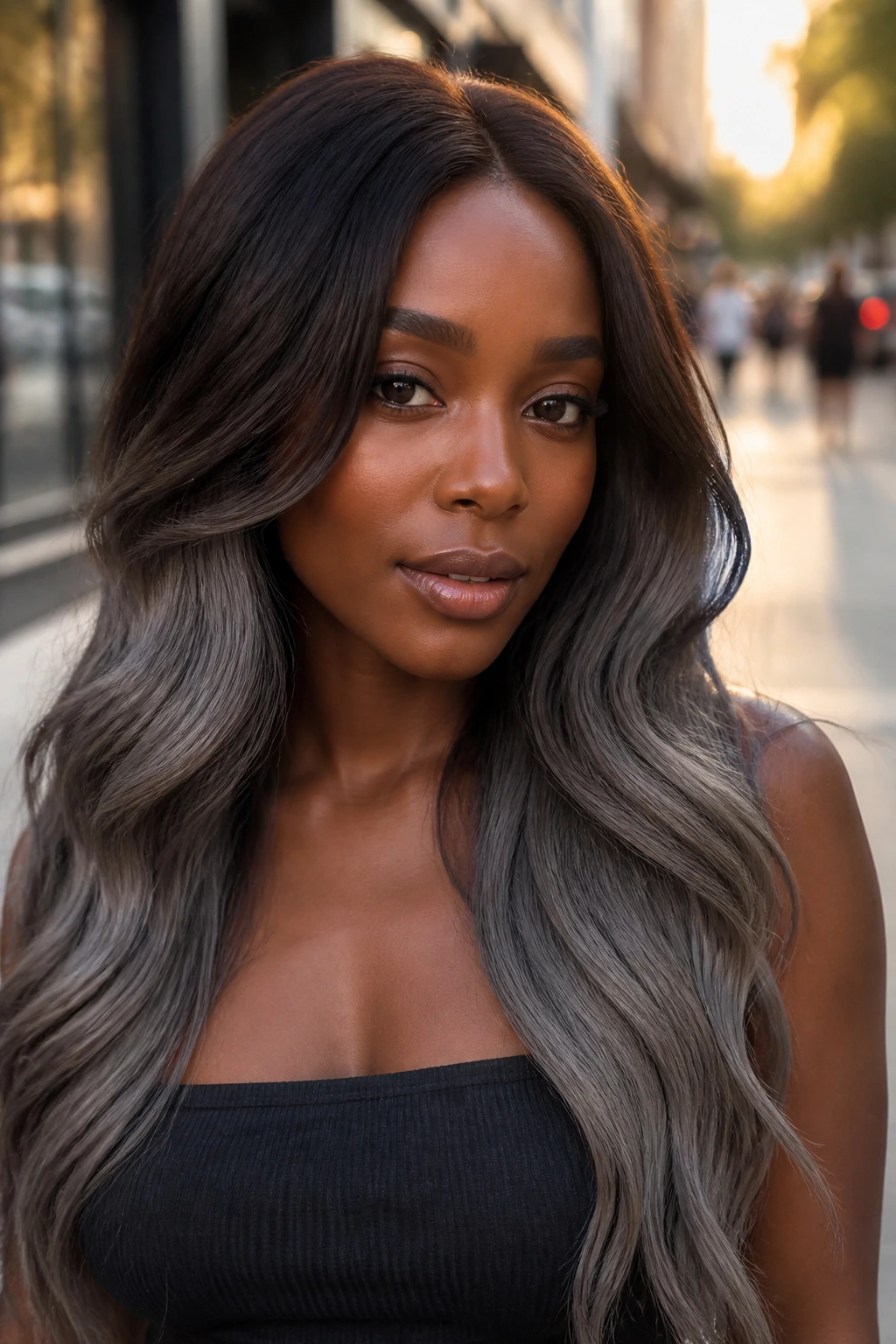 Close-up portrait of a real person with cool umber fade hair from dark roots to grey ends.