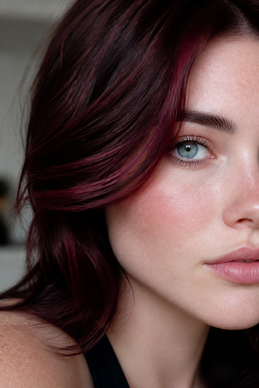 Portrait showing cool undertone with blue-based burgundy hair