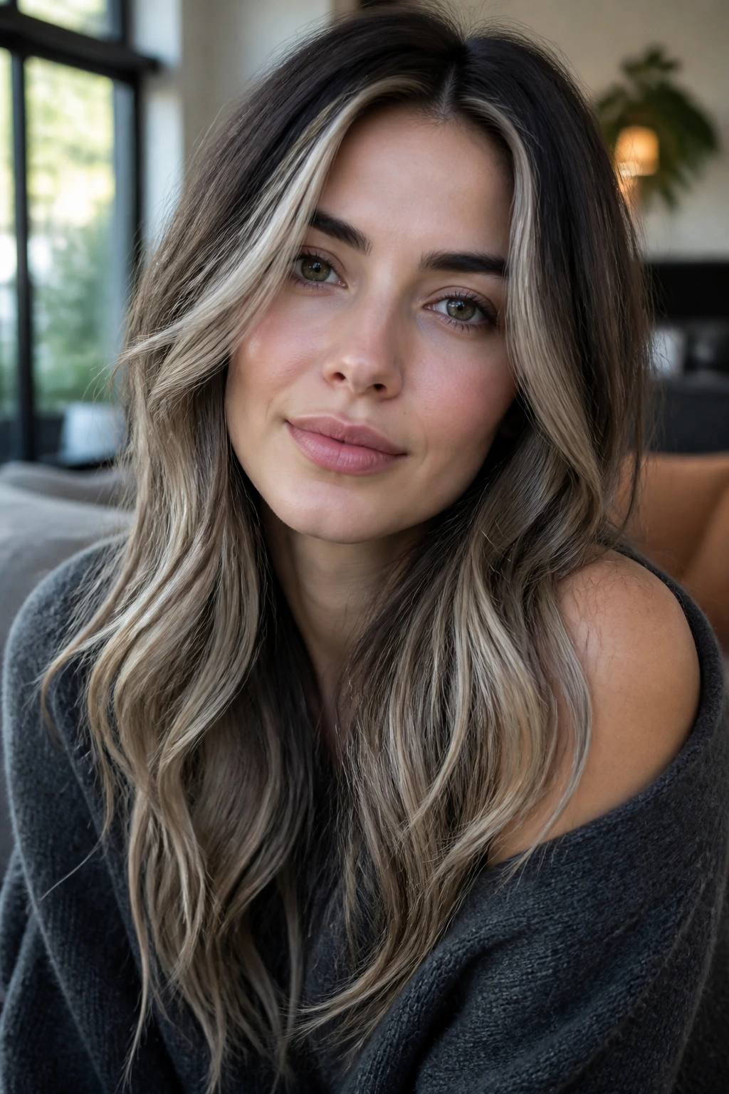 Close-up portrait of a woman with cool undertones and dark hair highlighting ash and pearl tones