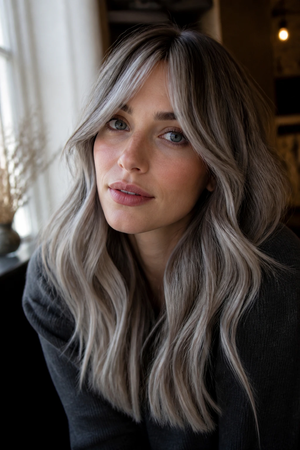 Portrait of a woman with cool undertones and ash-silver hair framing the face