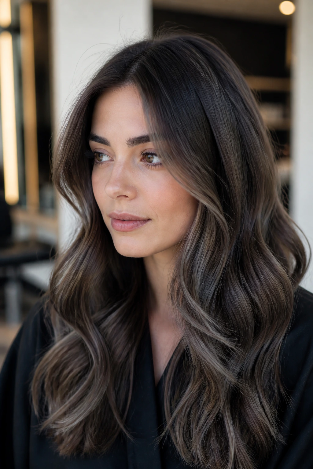 Close-up of a real person showing cool undertones in brunette hair