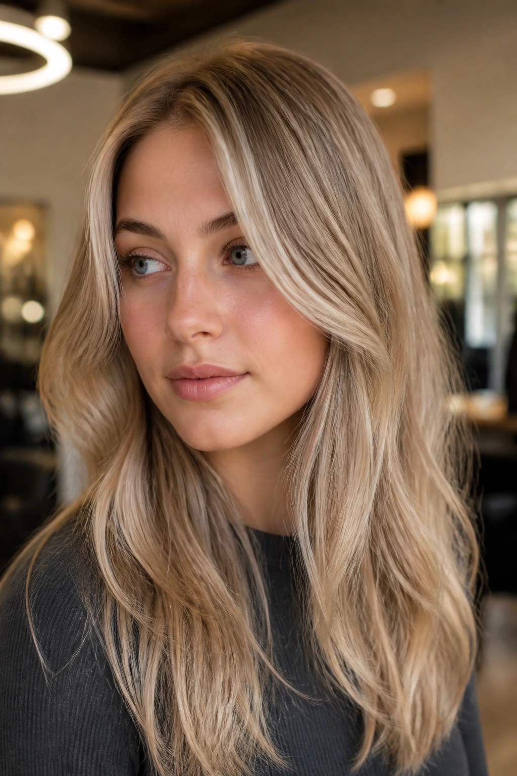 Portrait of a person with cool undertones wearing champagne beige gold hair in a warm-toned salon