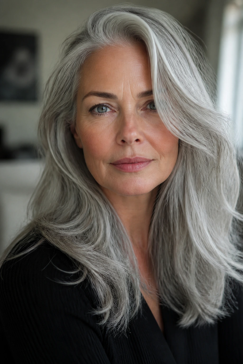 Close-up portrait of a person with icy silver-gray hair and cool undertones