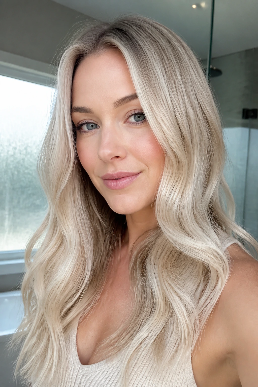 Close-up of a real woman with cool vanilla blonde hair and subtle root shadow.
