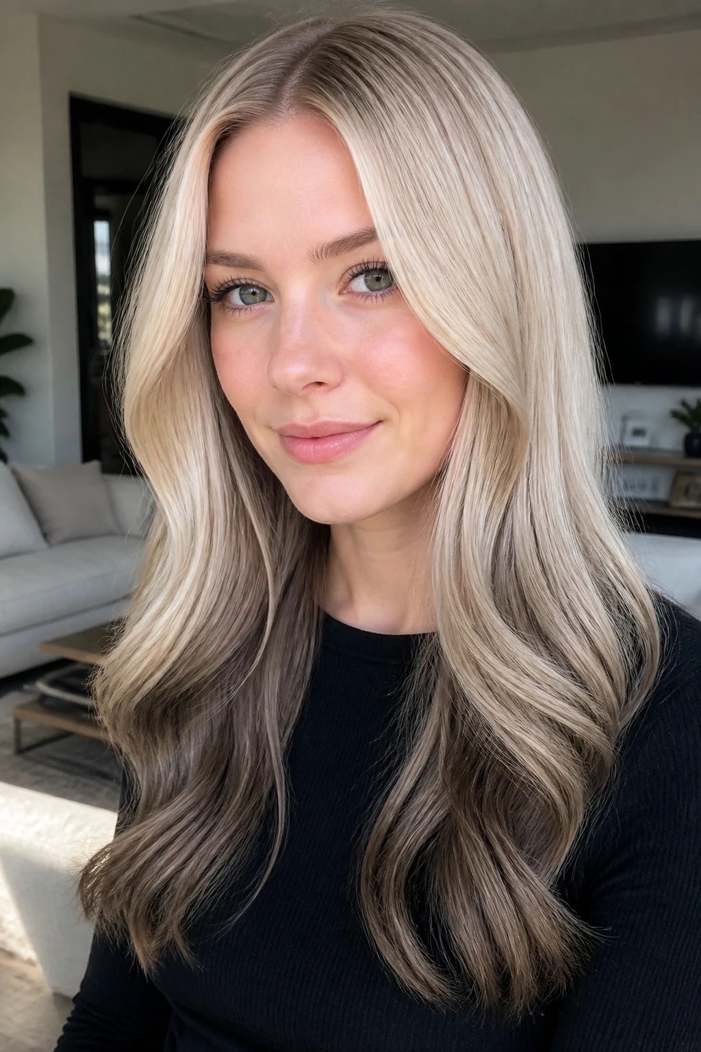 Close-up of cool vanilla blonde with dusty mushroom ends on a real person