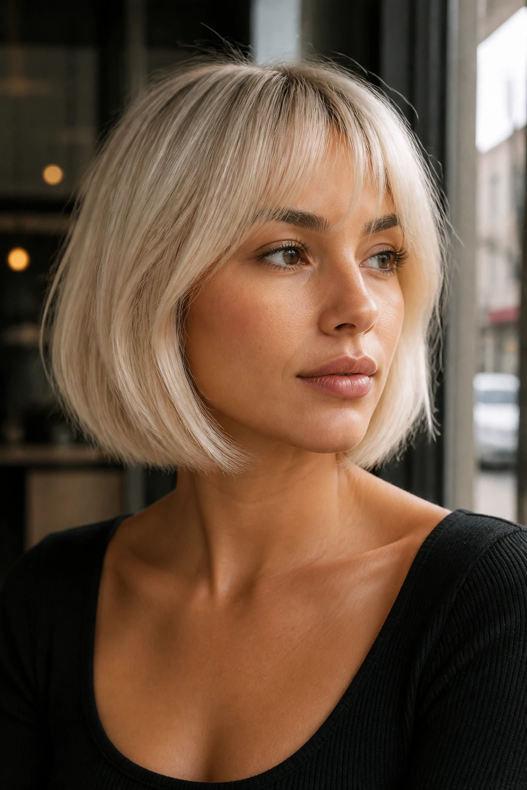 Close-up of a real woman with cool vanilla French bob hairstyle