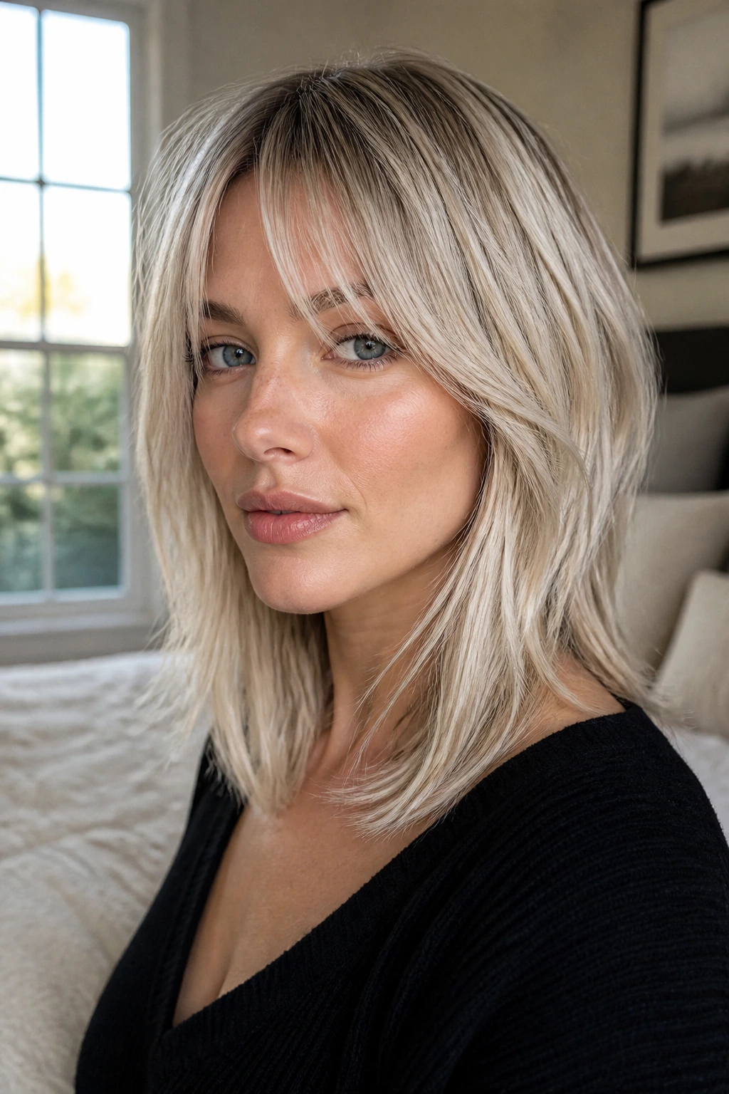Close-up portrait of a real person with cool vanilla fringe and shoulder-length layers.