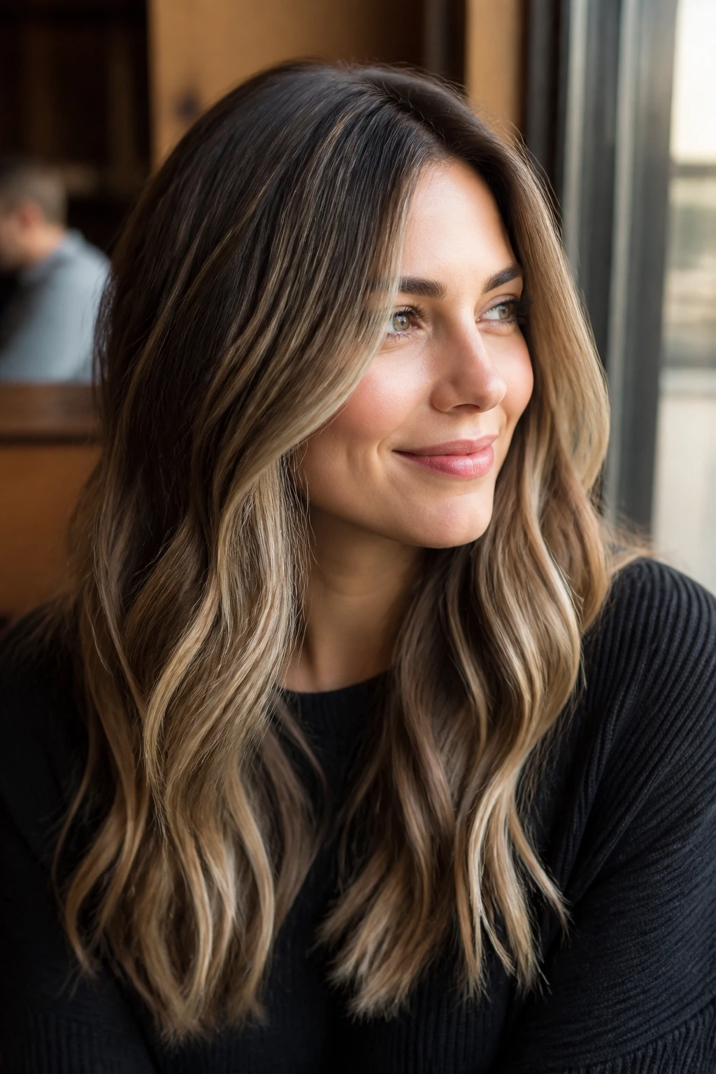 Close-up of a real woman with dark brown hair and cool vanilla highlights