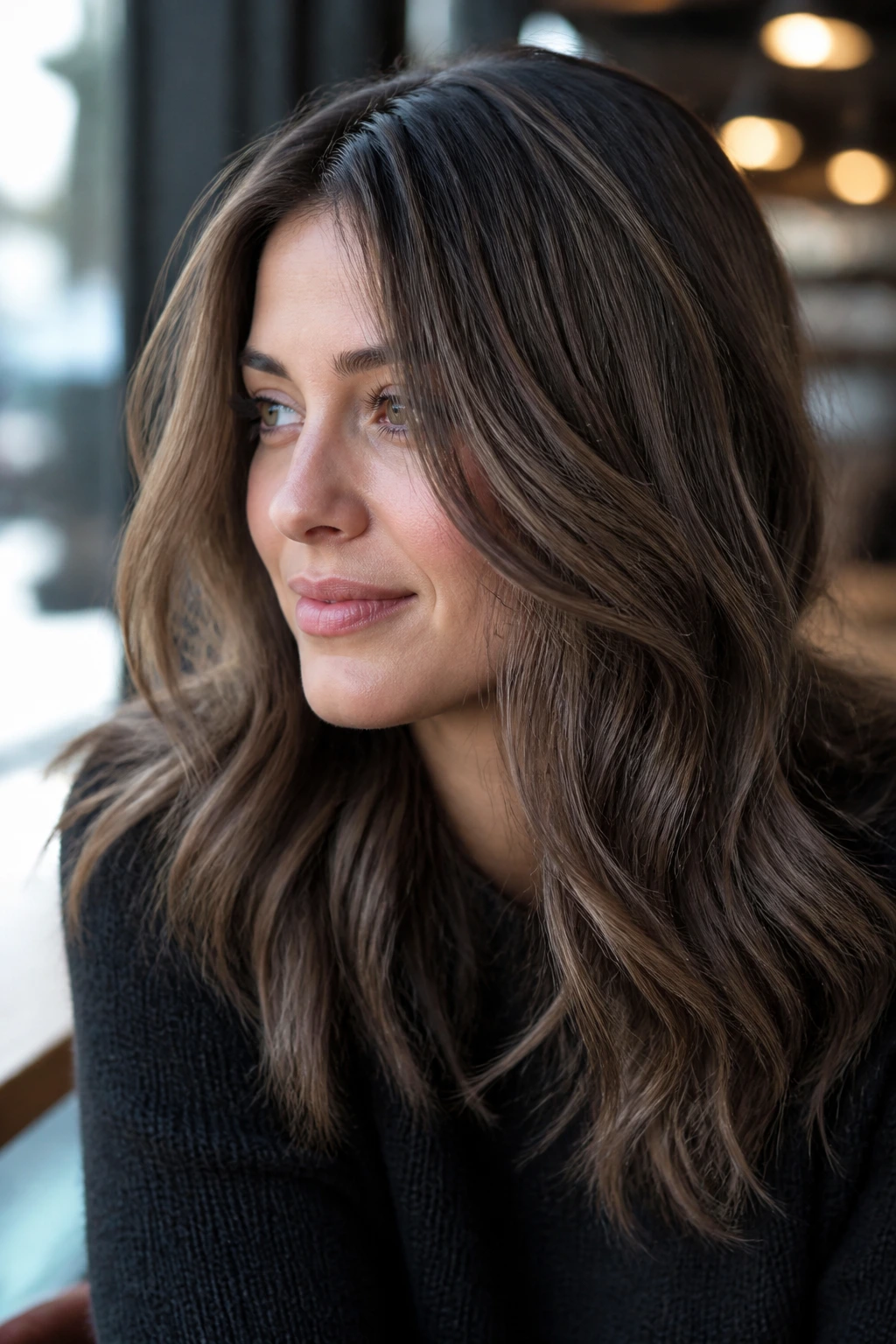 Real person with cool walnut lowlights in medium brown hair.