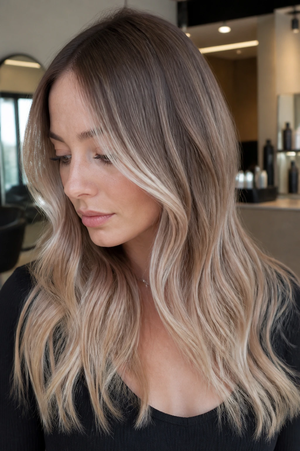 Close-up of cool walnut to pearl blonde melt in medium-long hair on a real person