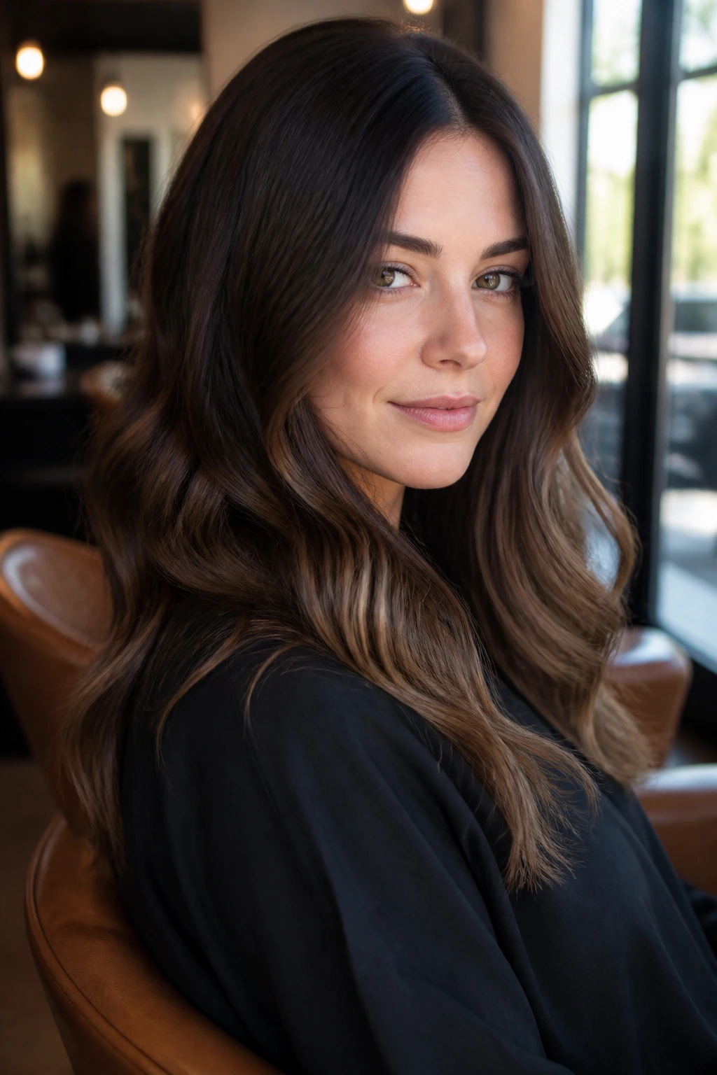 Close-up portrait of a woman with cool walnut sombre hair in a sunlit salon