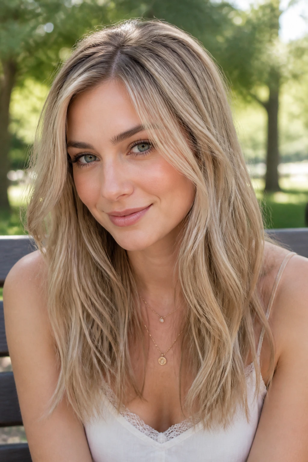 Close-up of a real woman with cool wheat blonde hair and dusty beige tones
