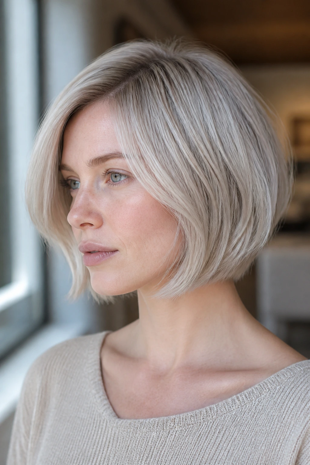 Close-up portrait of a real woman with cool-toned steel blonde hair and a defined shape