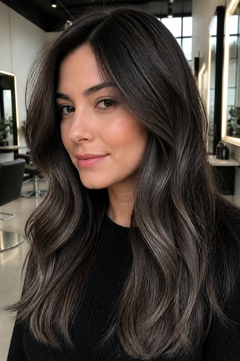 Portrait of a person with cooler dark brown hair and smoky grey balayage
