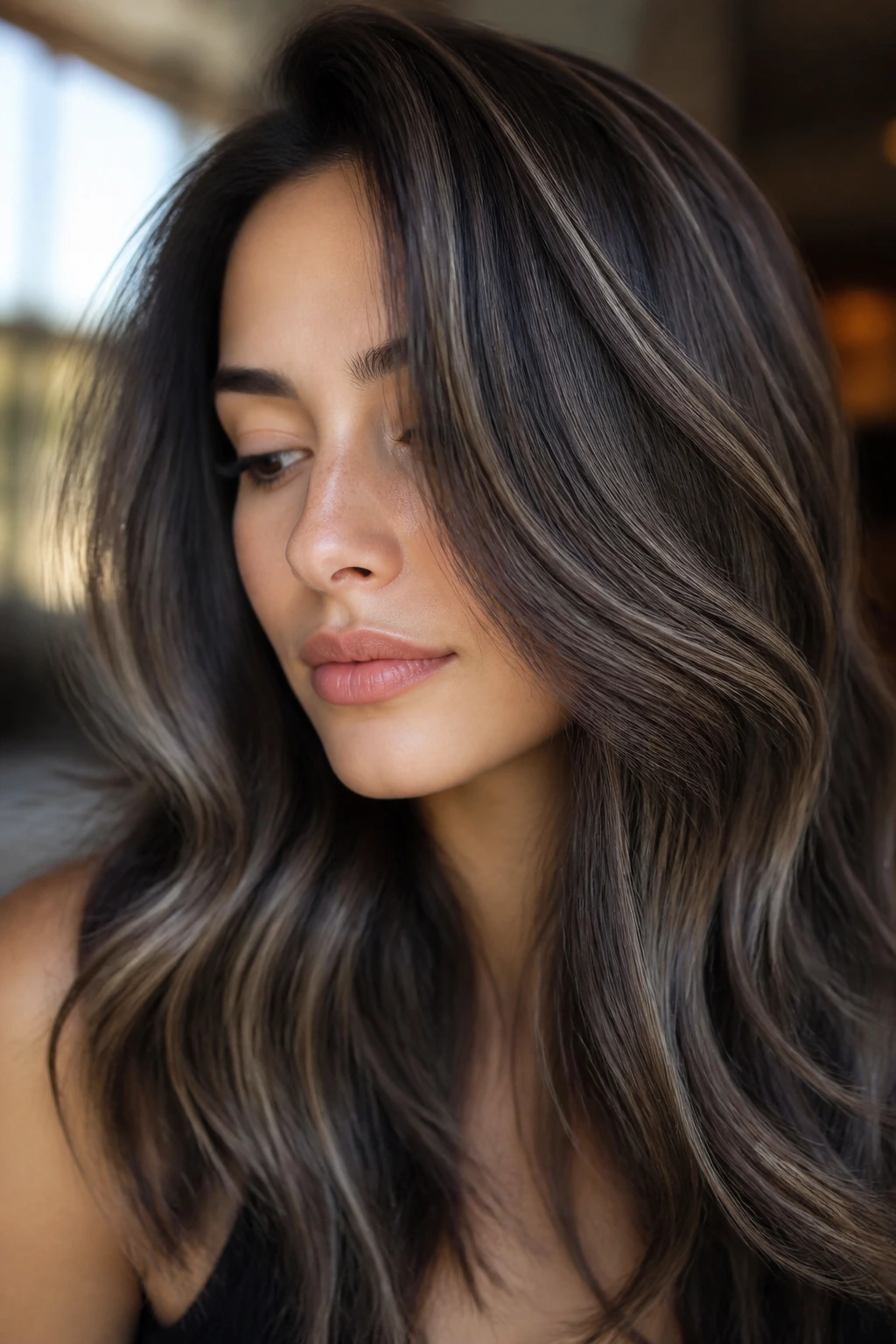 Close-up of a woman with a cooler ash-toned brunette finish