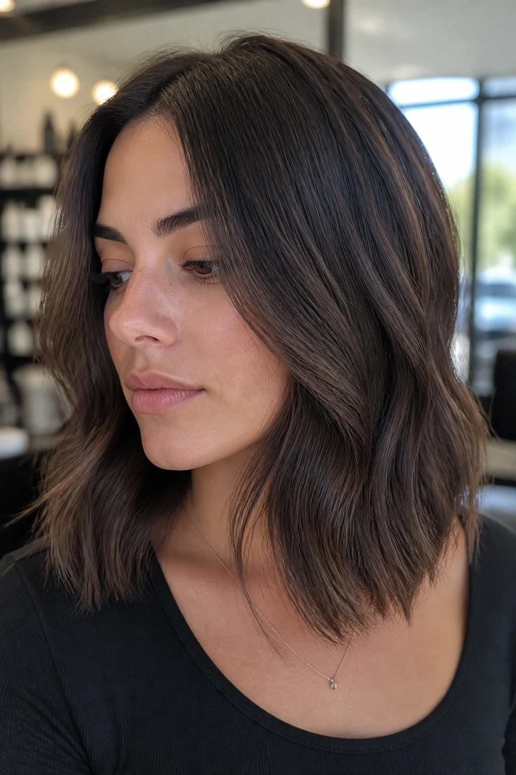Close-up portrait of a real woman with cool-toned brunette hair and smoky lowlights, showcasing shape and depth