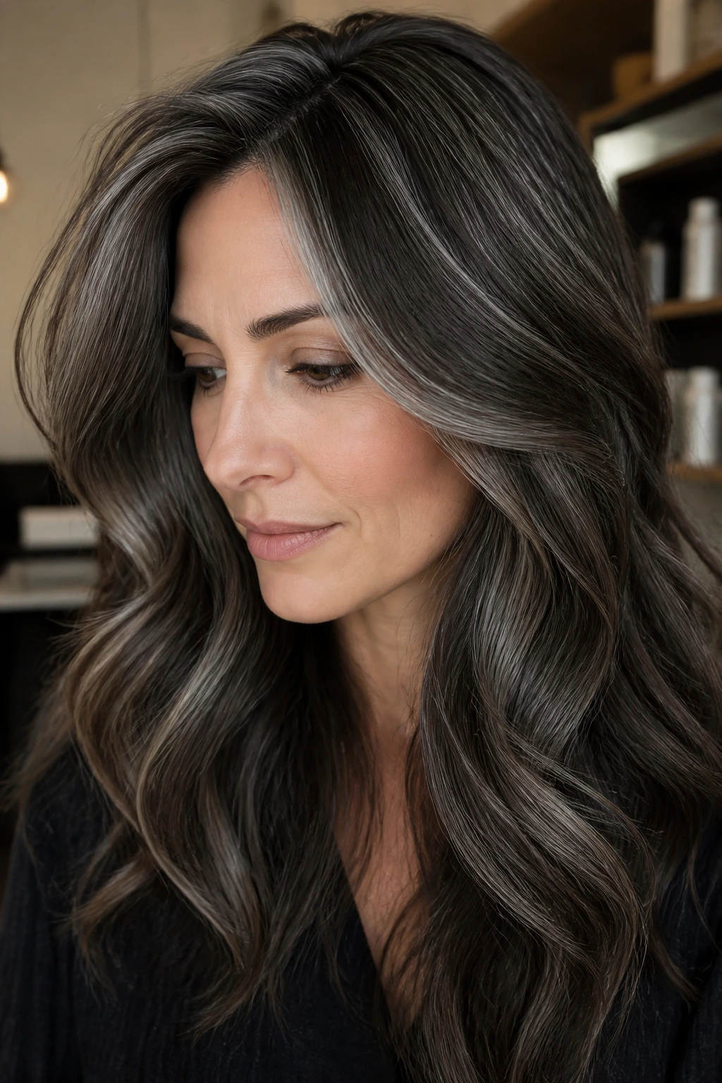 Close-up of a Brunette with cooler grey tones and smoky roots in soft lighting