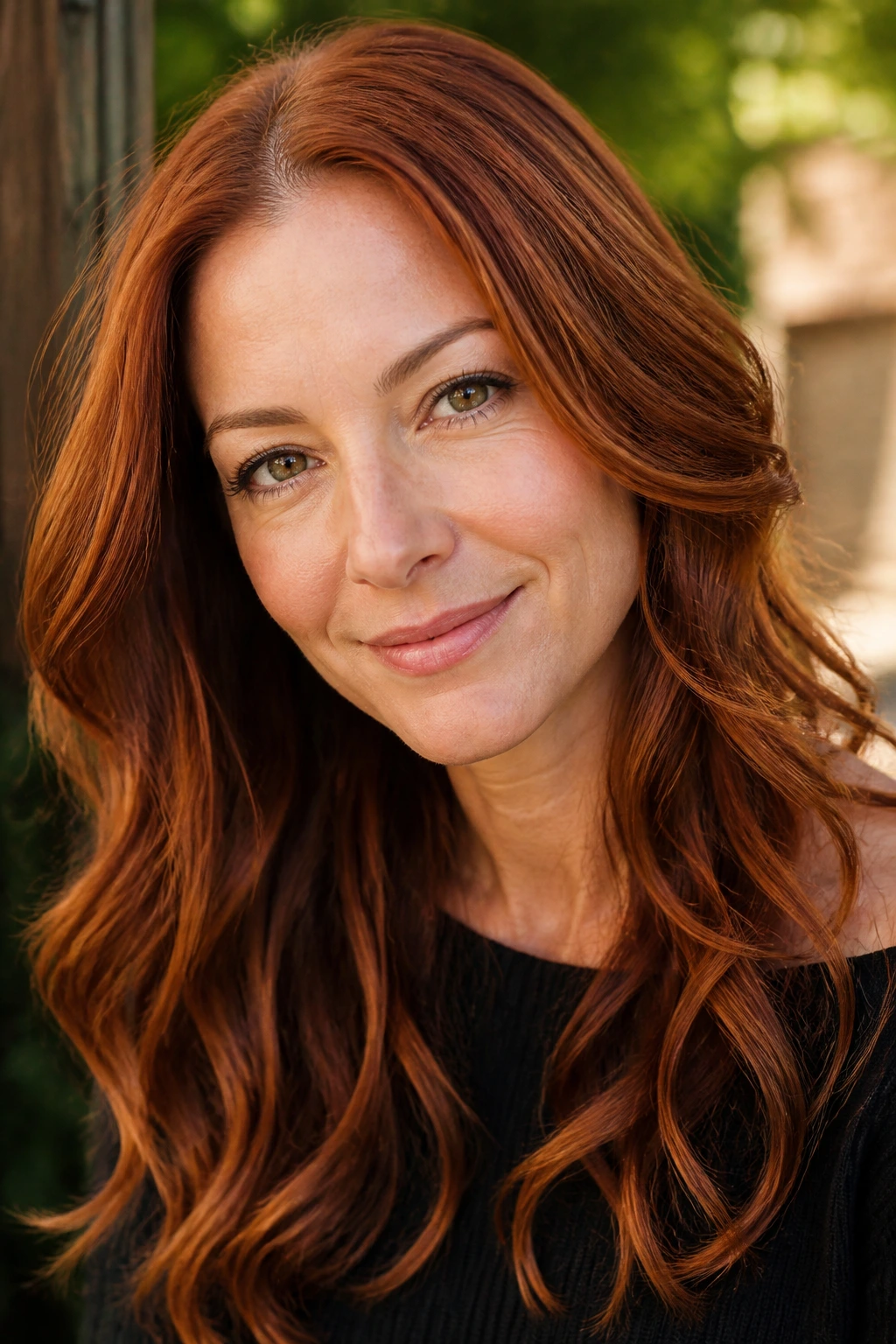 Portrait of a real person with copper auburn hair in warm light