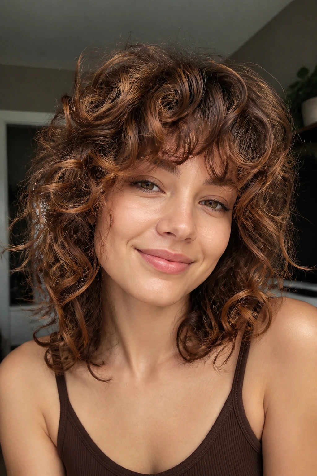 Portrait of curly hair with copper babylights