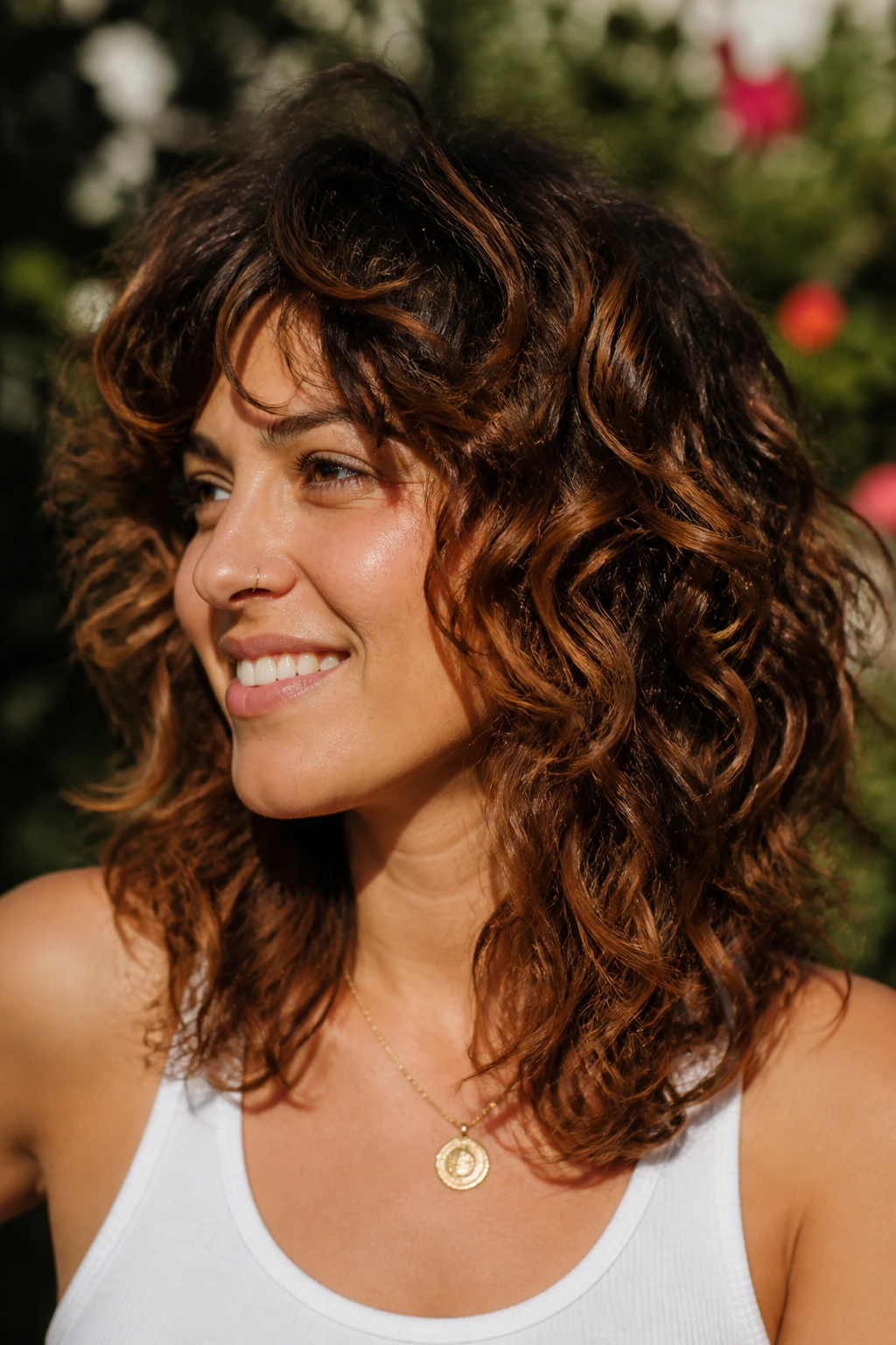 Real woman with DevaCut-inspired curly shag and copper babylights.