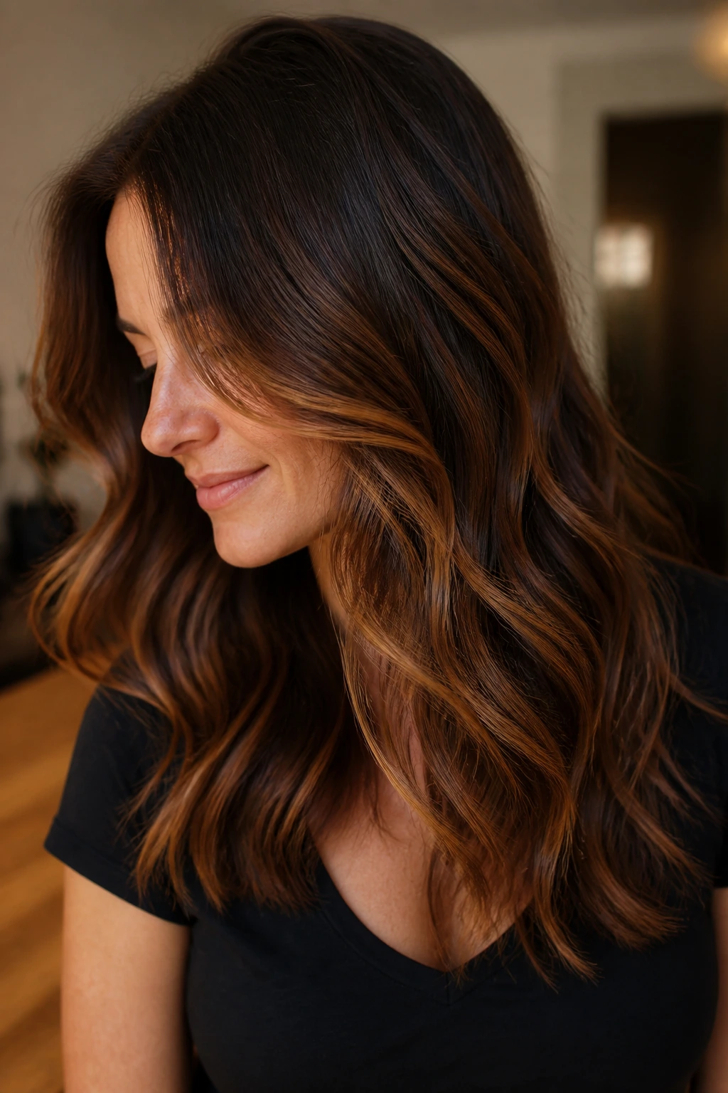 Close-up portrait showing copper balayage on brown hair