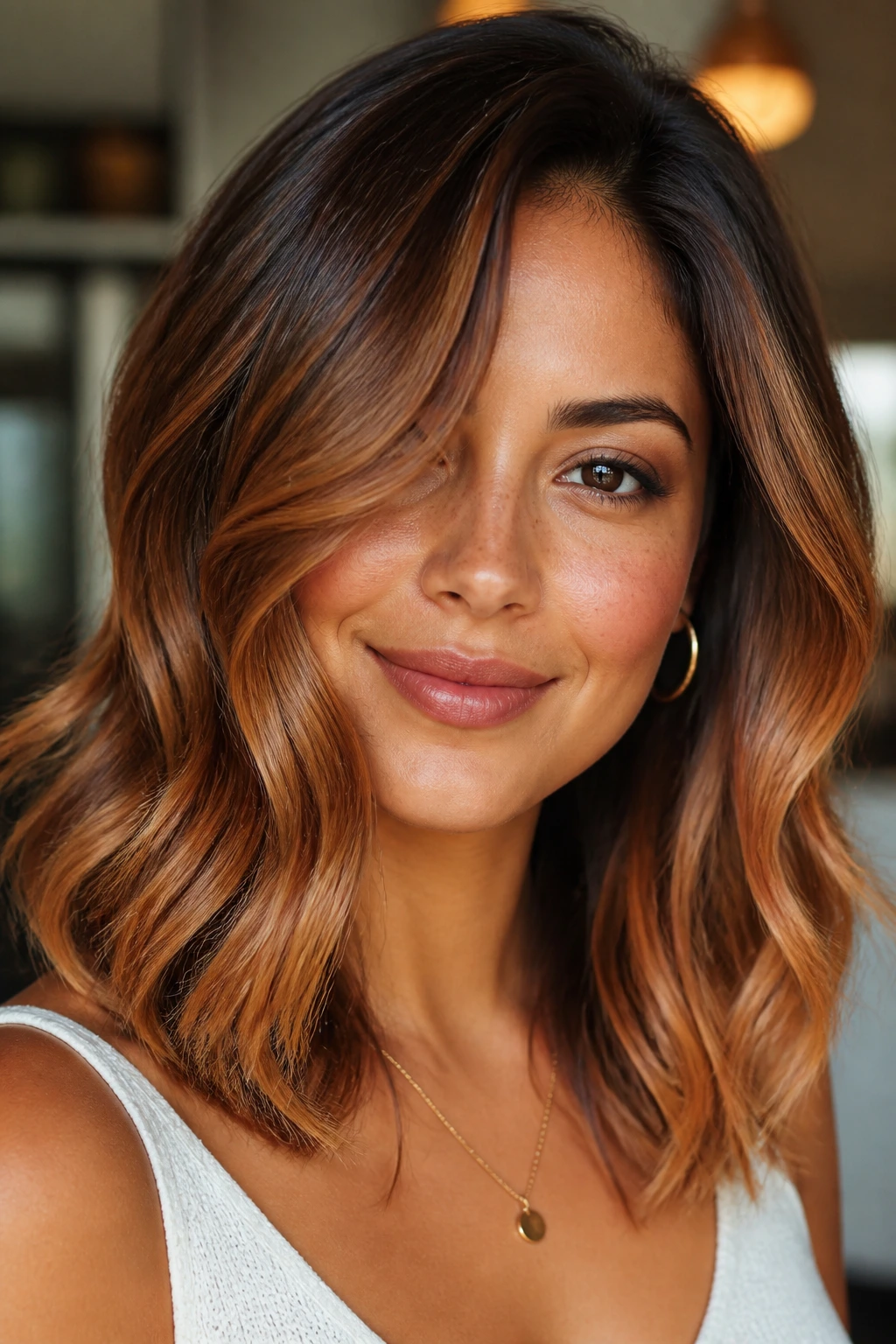 Close-up portrait of a real woman with copper-kissed balayage on medium skin