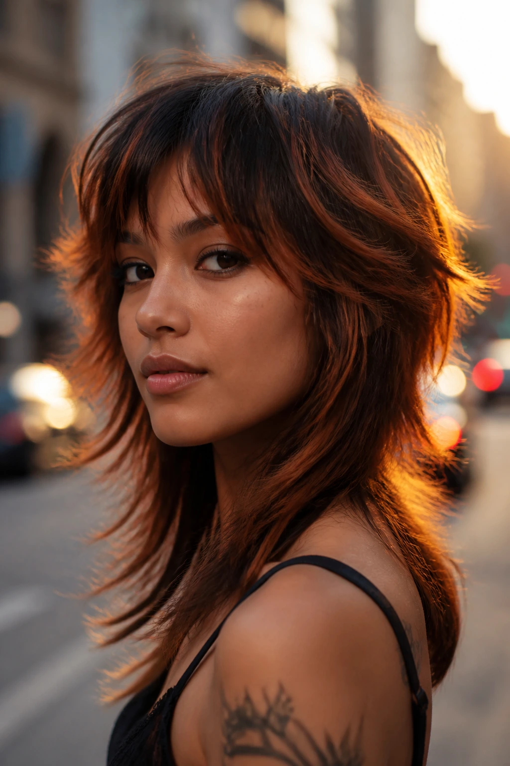 Close-up of a real person with copper balayage on a wolf cut on an urban street at golden hour.