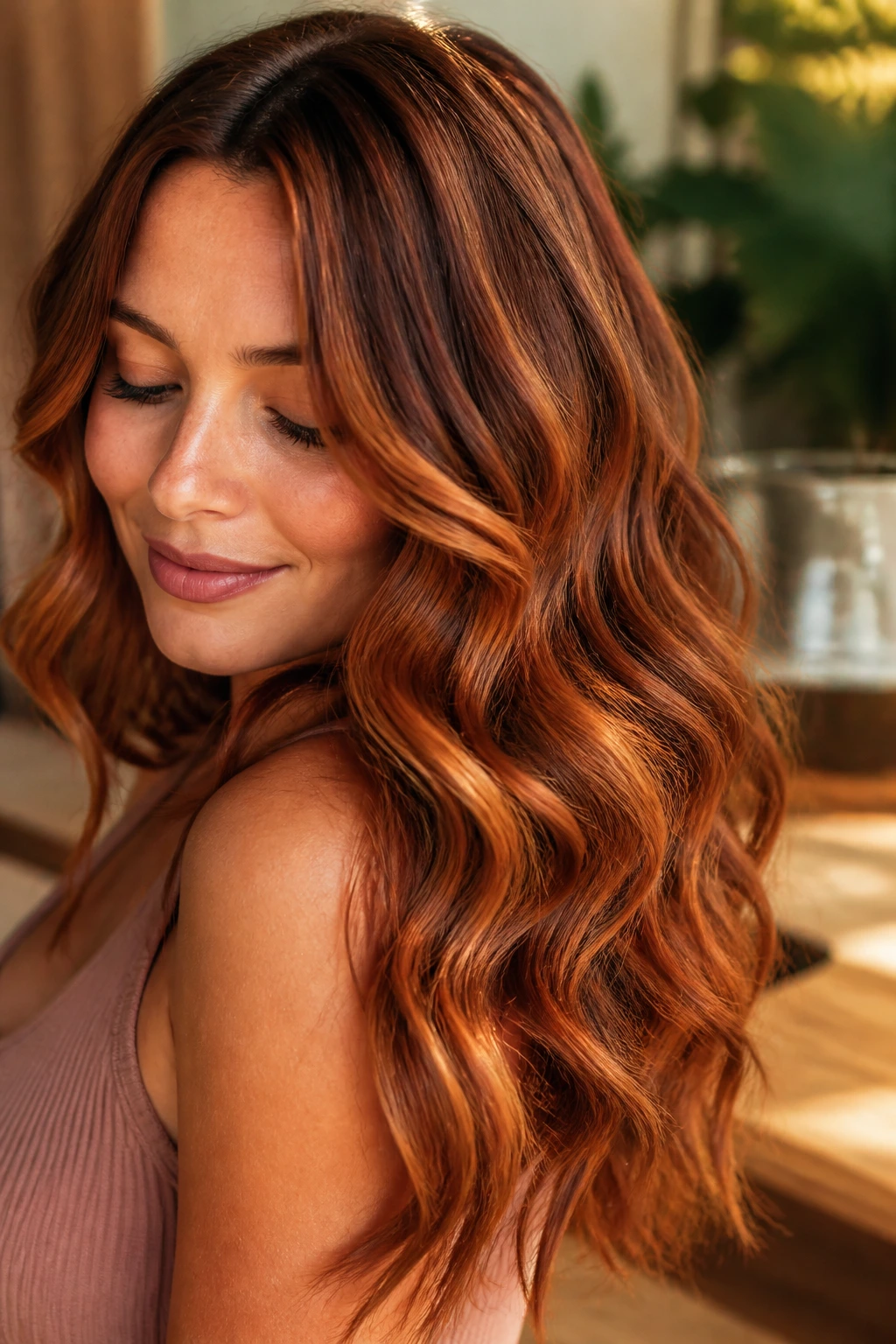 Close-up portrait of a real person with copper barrel waves hairstyle