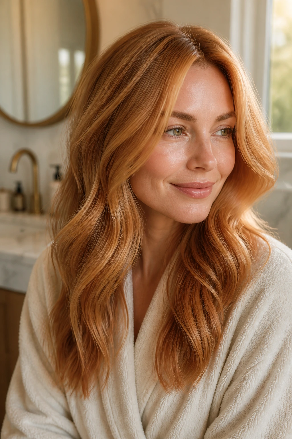 Close-up portrait of a real woman with glossy copper blonde hair under warm window light