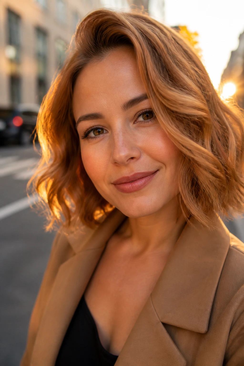 Close-up portrait of a real woman with copper blonde hair in golden hour light