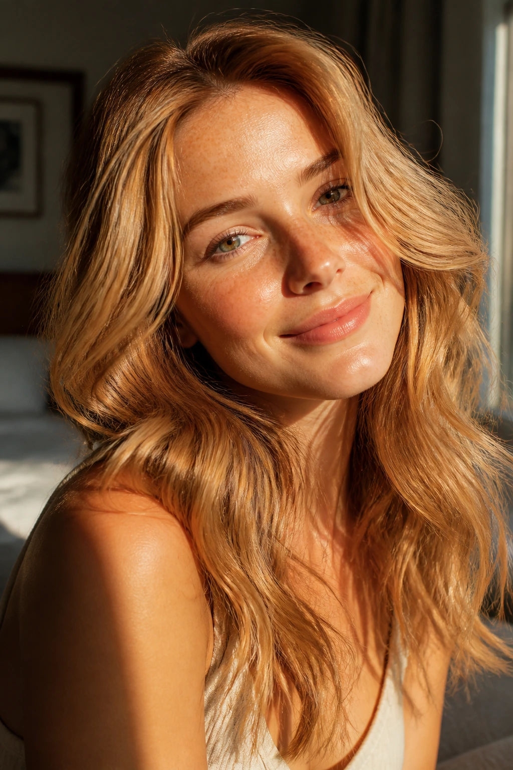 Close-up of a real person with copper-blonde hair and warm highlights in sunlit room