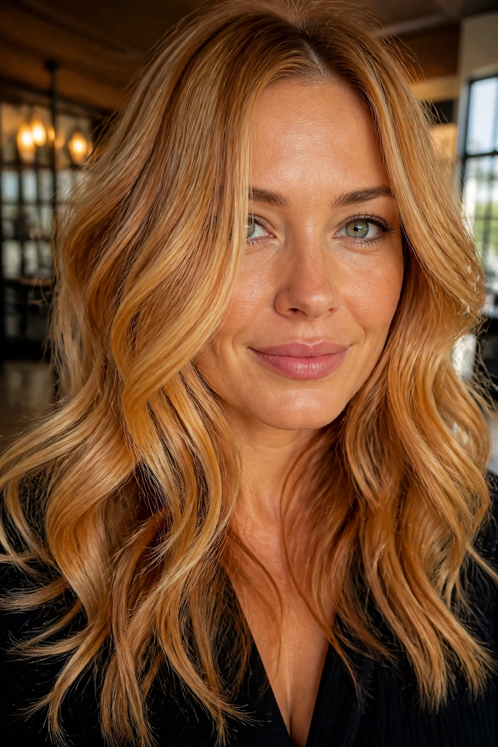 Close-up of copper-infused blonde waves on a real woman in warm salon lighting