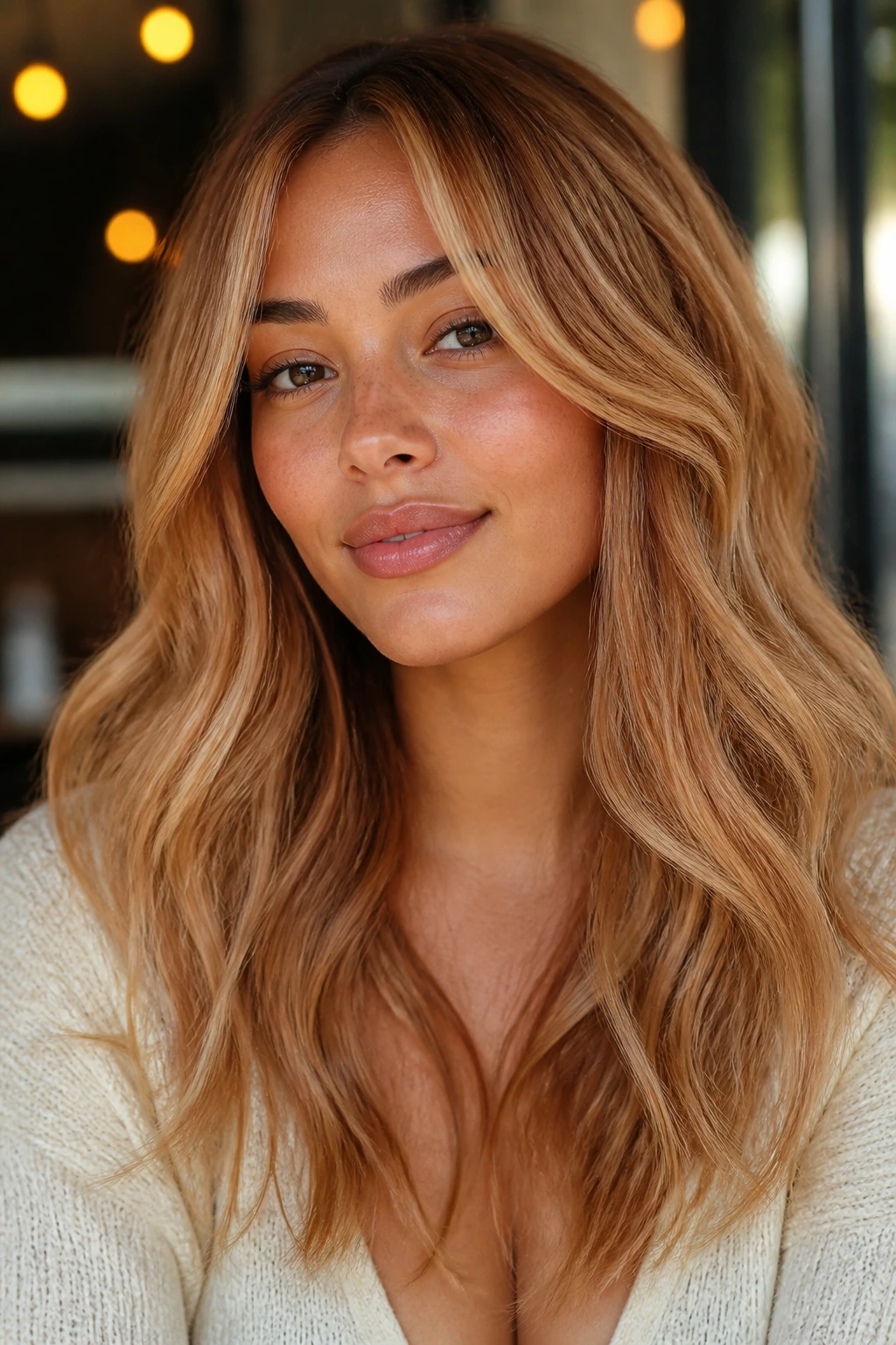 Portrait of a woman with copper blonde waves in warm window light