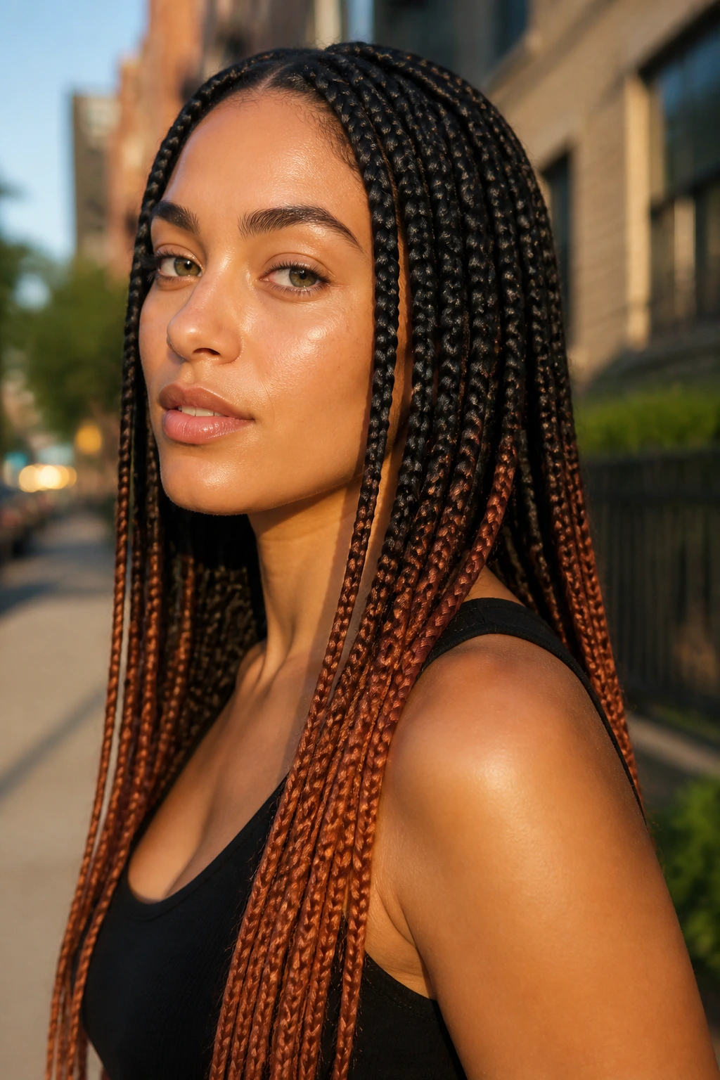 Copper-tipped box braids on a real person in warm golden hour light.